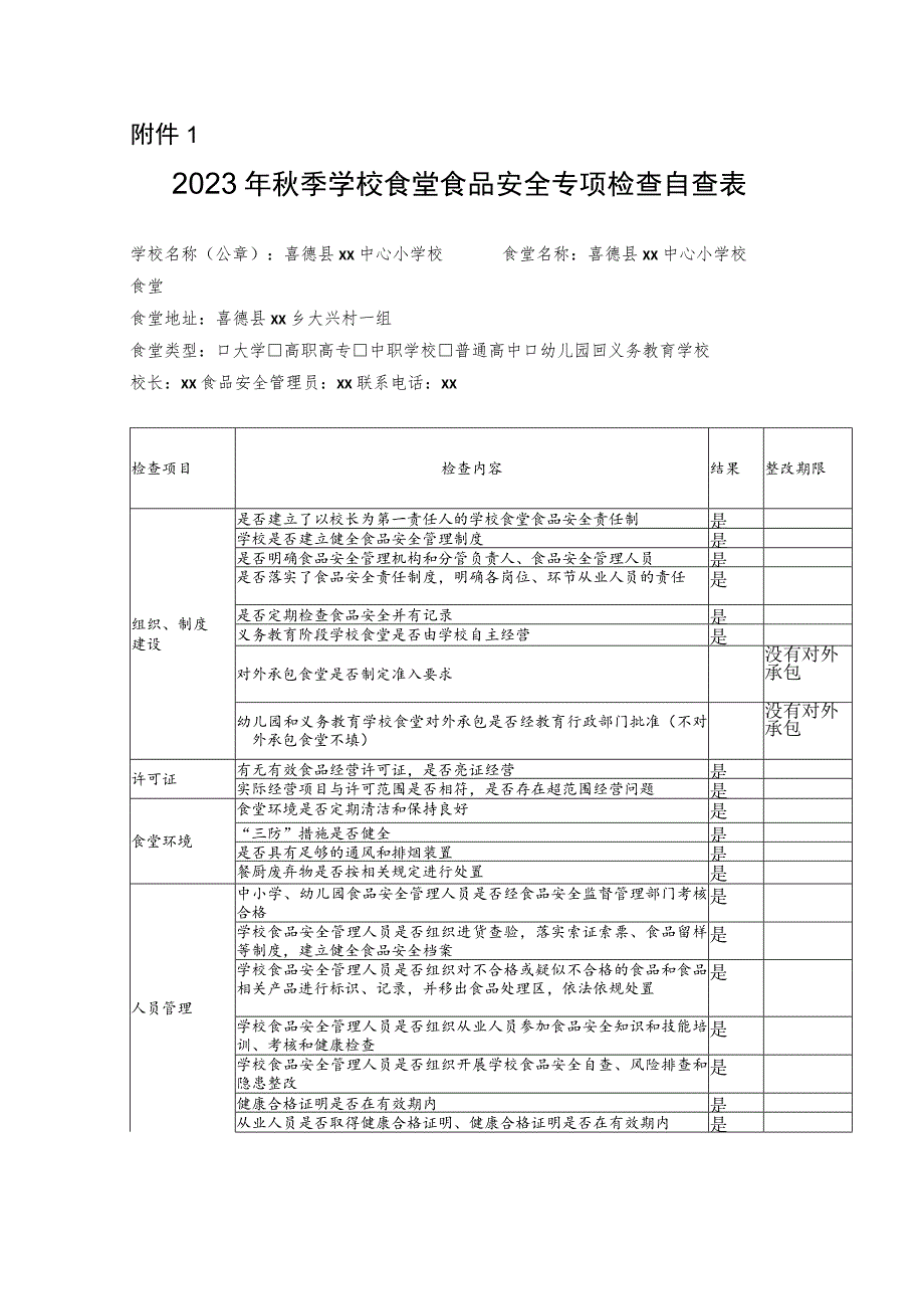 中小学2023年秋季学校食堂食品安全专项检查自查表.docx_第1页