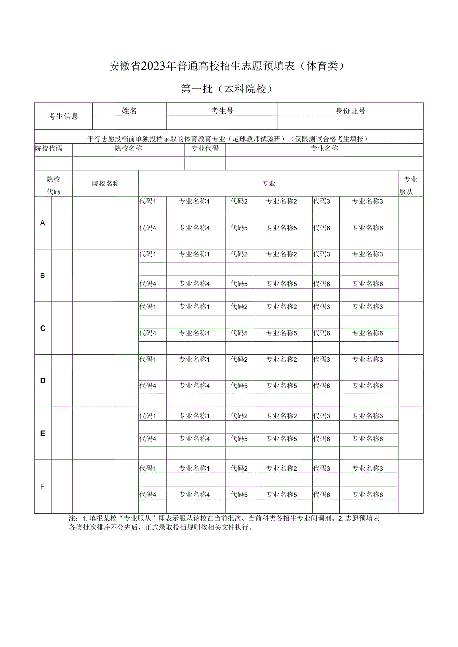 安徽省2023年普通高校招生志愿预填表（体育类） 第一批（本科院校）.docx_第1页