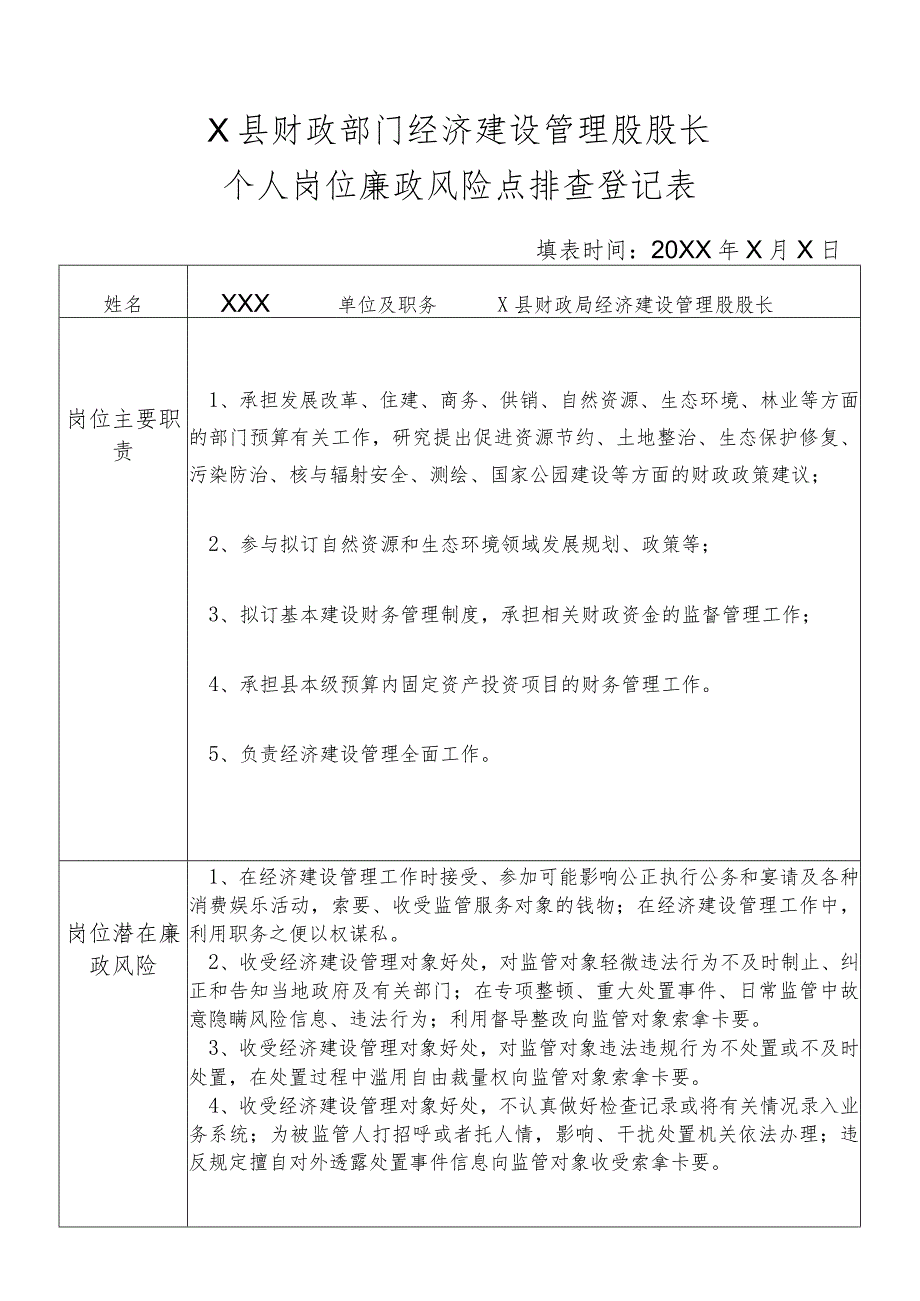 某县财政部门部门经济建设管理股股长个人岗位廉政风险点排查登记表.docx_第1页