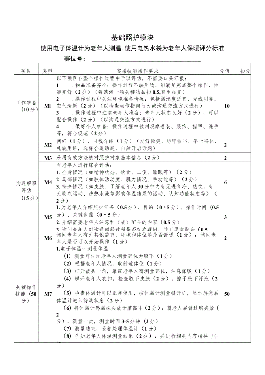 正式赛题—基础—电子体温计使用、使用热水袋为老年人保暖评分标准-2023年全国职业院校技能大赛赛项正式赛卷.docx_第1页