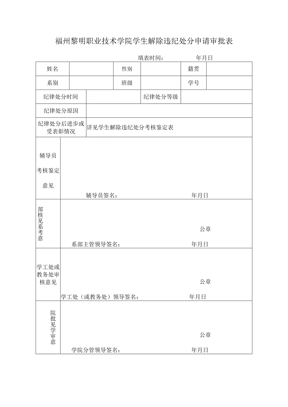 福州黎明职业技术学院学生解除违纪处分申请审批表.docx_第1页