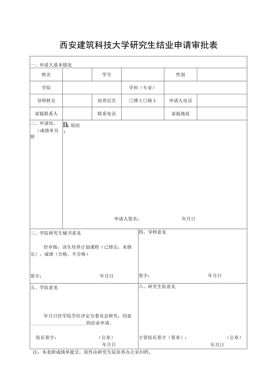 西安建筑科技大学研究生结业申请审批表.docx_第1页