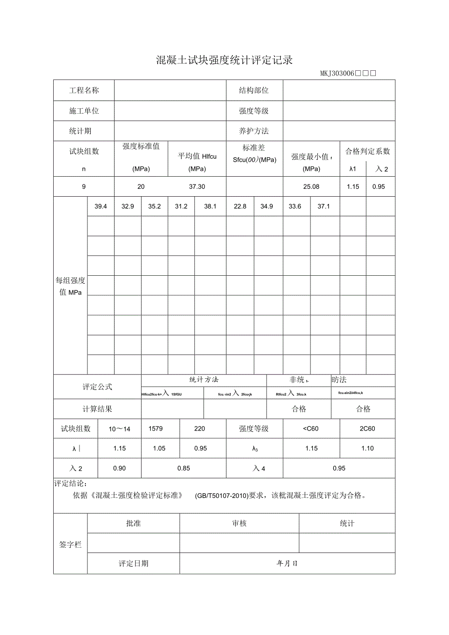 混凝土试块强度统计评定记录.docx_第1页