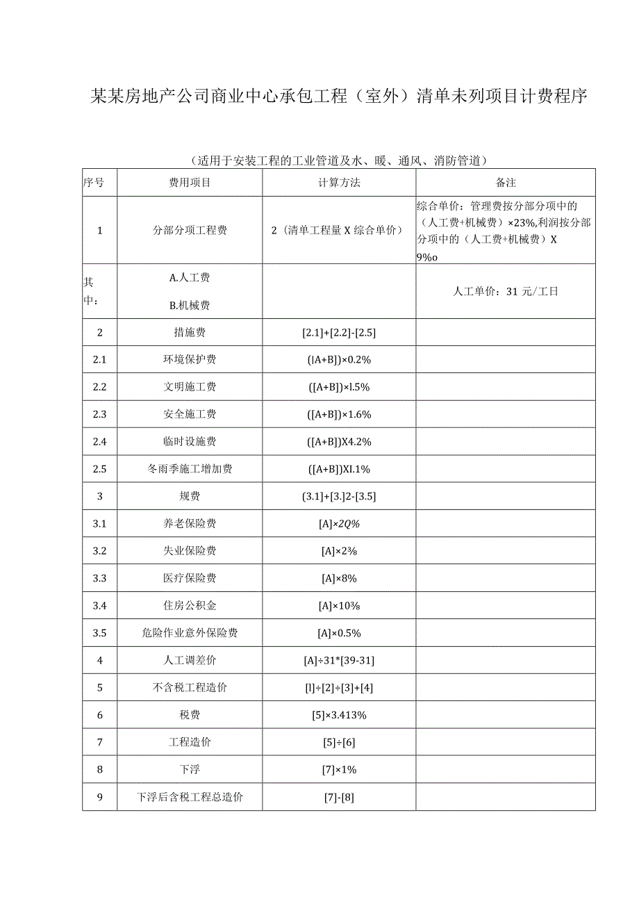 某某房地产公司商业中心承包工程（室外）清单未列项目计费程序表.docx_第1页