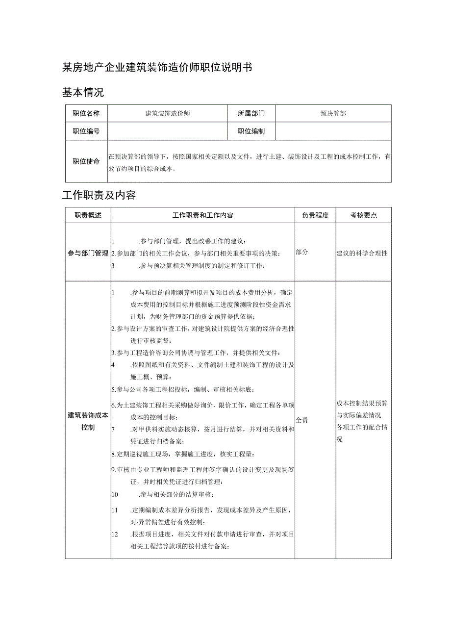 某房地产企业建筑装饰造价师职位说明书.docx_第1页