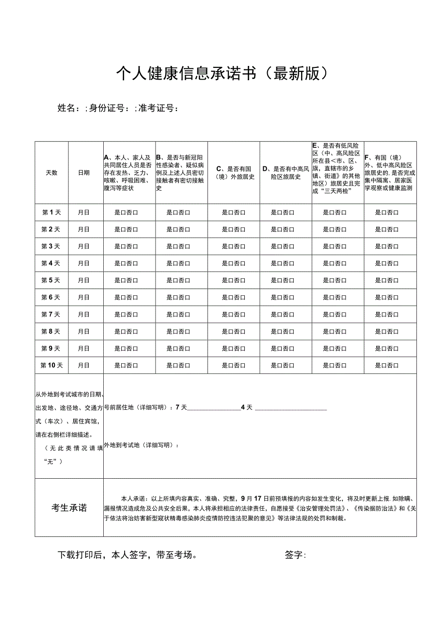 个人健康信息承诺书最新版.docx_第1页