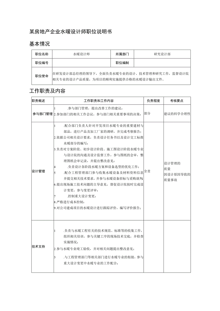 某房地产企业水暖设计师职位说明书.docx_第1页