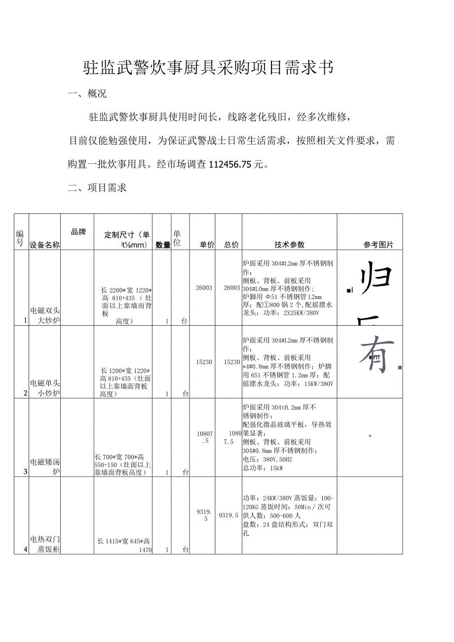 驻监武警炊事厨具采购项目需求书.docx_第1页