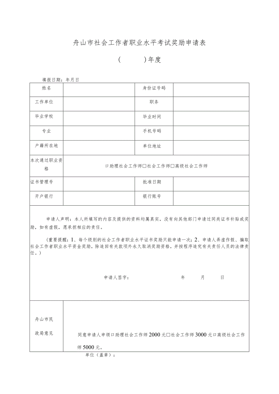 舟山市社会工作者职业水平考试奖励申请表年度.docx_第1页