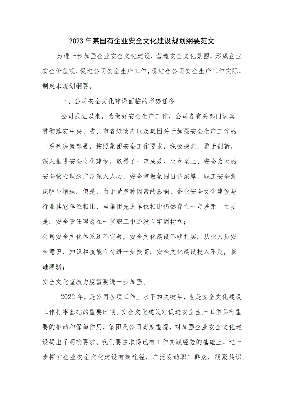 2023年某国有企业安全文化建设规划纲要范文.docx_第1页