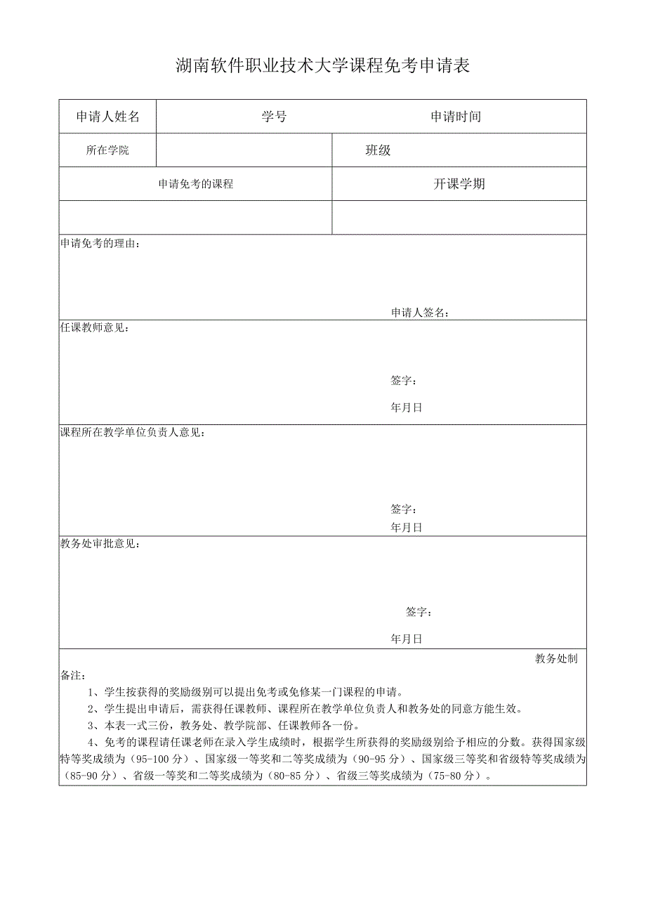 湖南软件职业技术大学课程免考申请表.docx_第1页