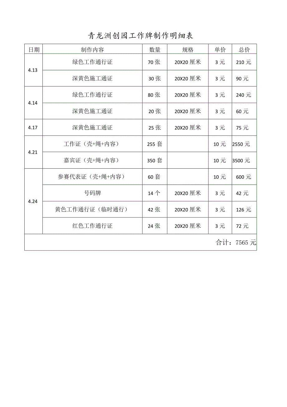 青龙洲创园工作牌制作明细表总价.docx_第1页