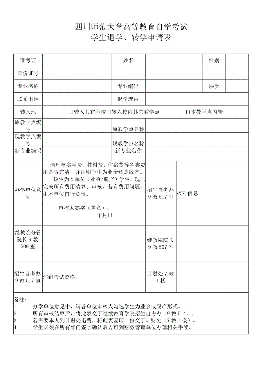 2020年四川师范大学高等教育自学考试学生退学申请表（2020版）20200601.docx_第1页