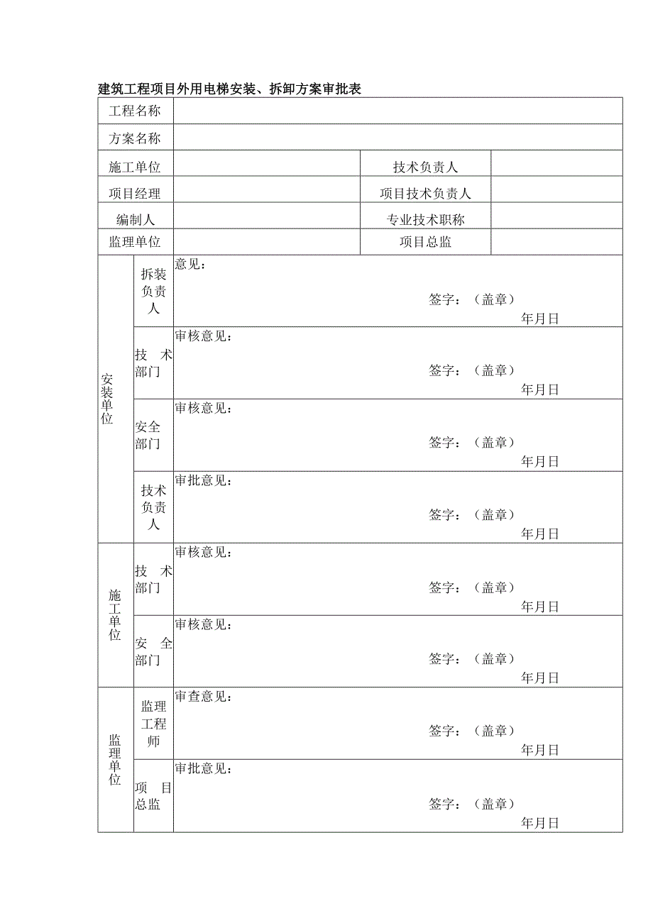 建筑工程项目外用电梯安装、拆卸方案审批表.docx_第1页