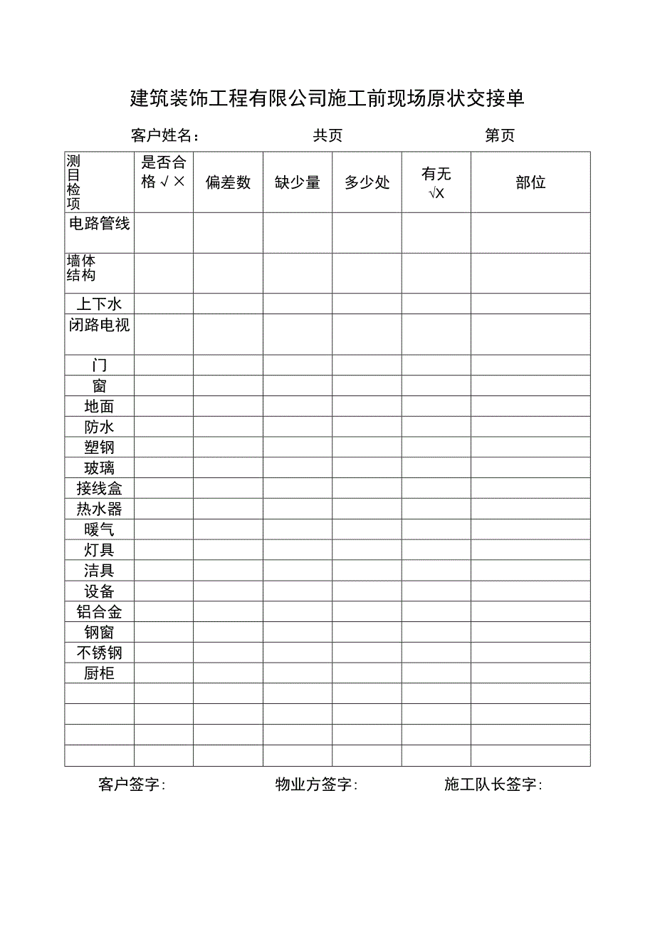 建筑装饰工程有限公司施工前现场原状交接单.docx_第1页