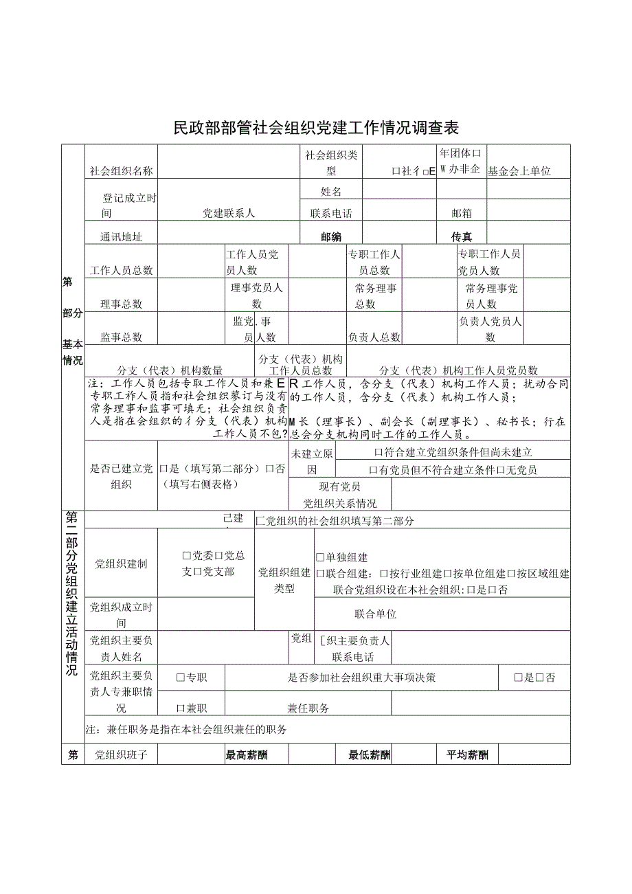 民政部部管社会组织党建工作情况调查表.docx_第1页