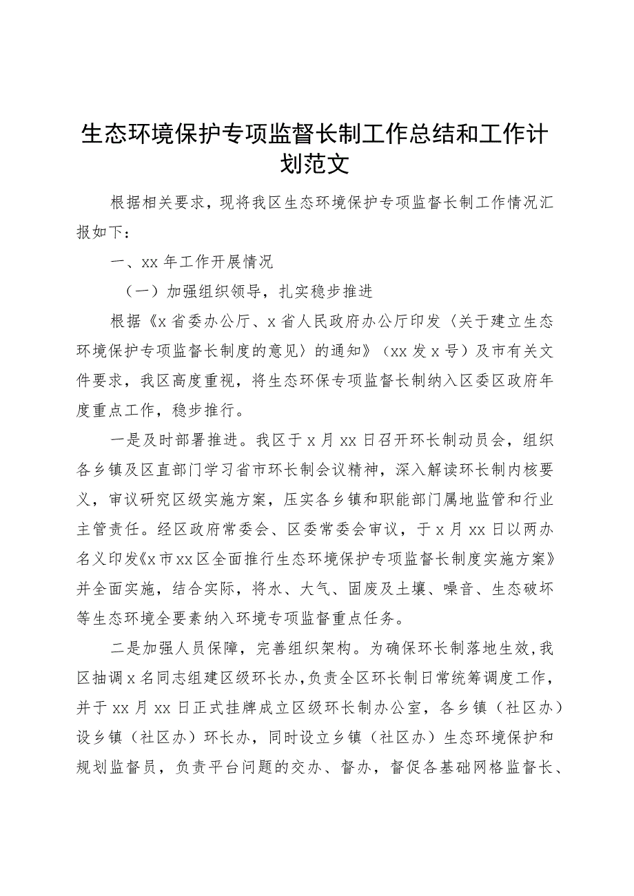 生态环境保护专项监督长制工作总结和工作计划汇报报告.docx_第1页