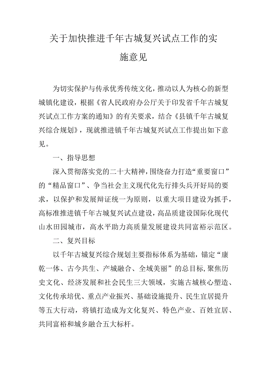 关于加快推进千年古城复兴试点工作的实施意见.docx_第1页