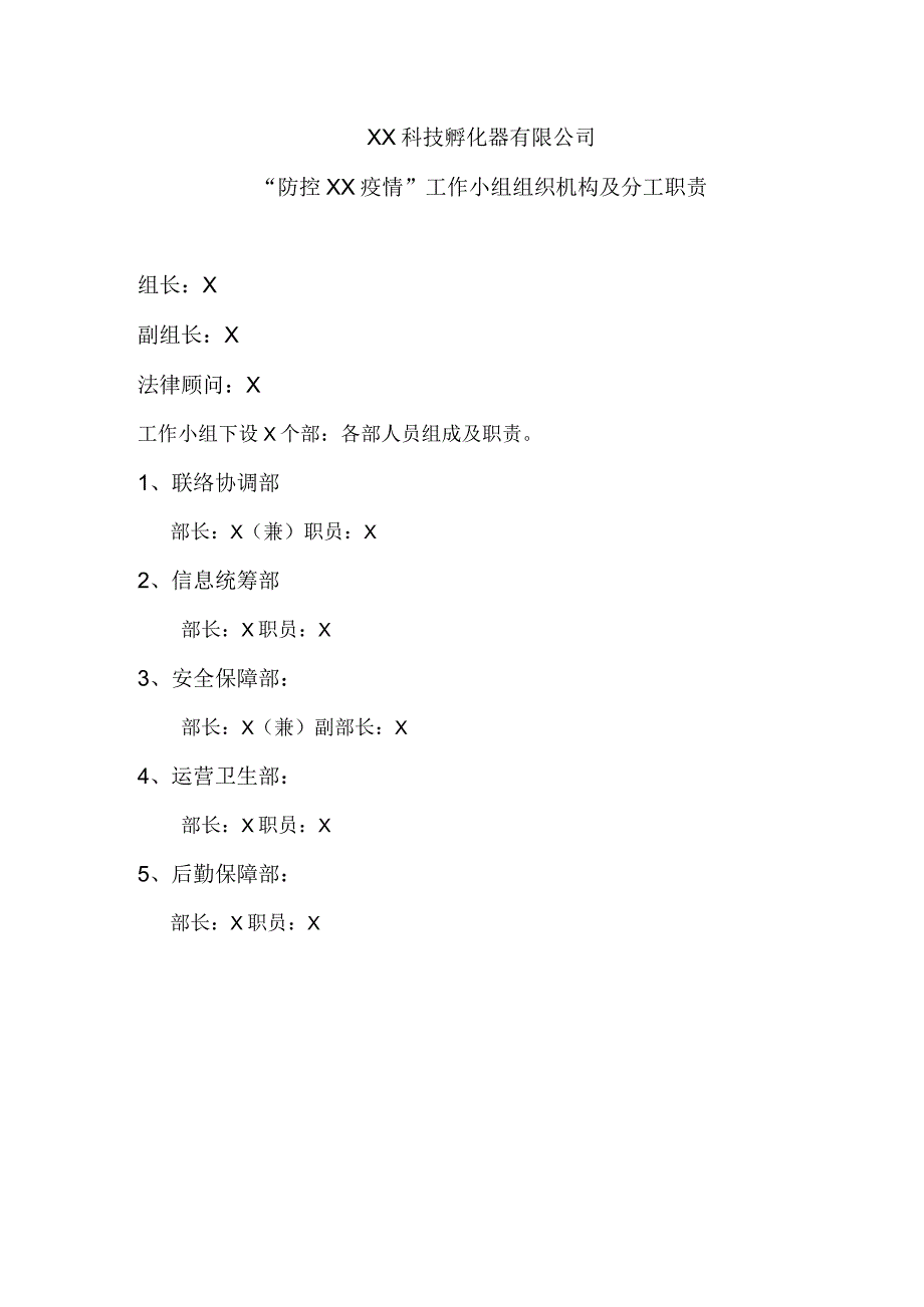 XX科技孵化器有限公司“防控XX疫情”工作小组组织机构及分工职责（2023年）.docx_第1页