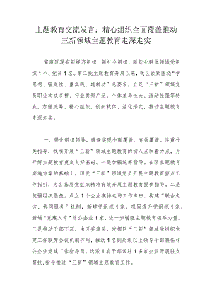 主题教育交流发言：精心组织全面覆盖推动三新领域主题教育走深走实.docx