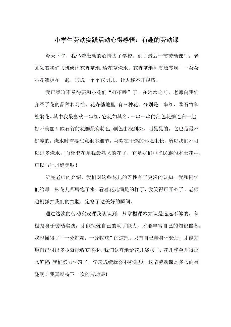 小学生劳动实践活动心得感悟：有趣的劳动课 .docx_第1页