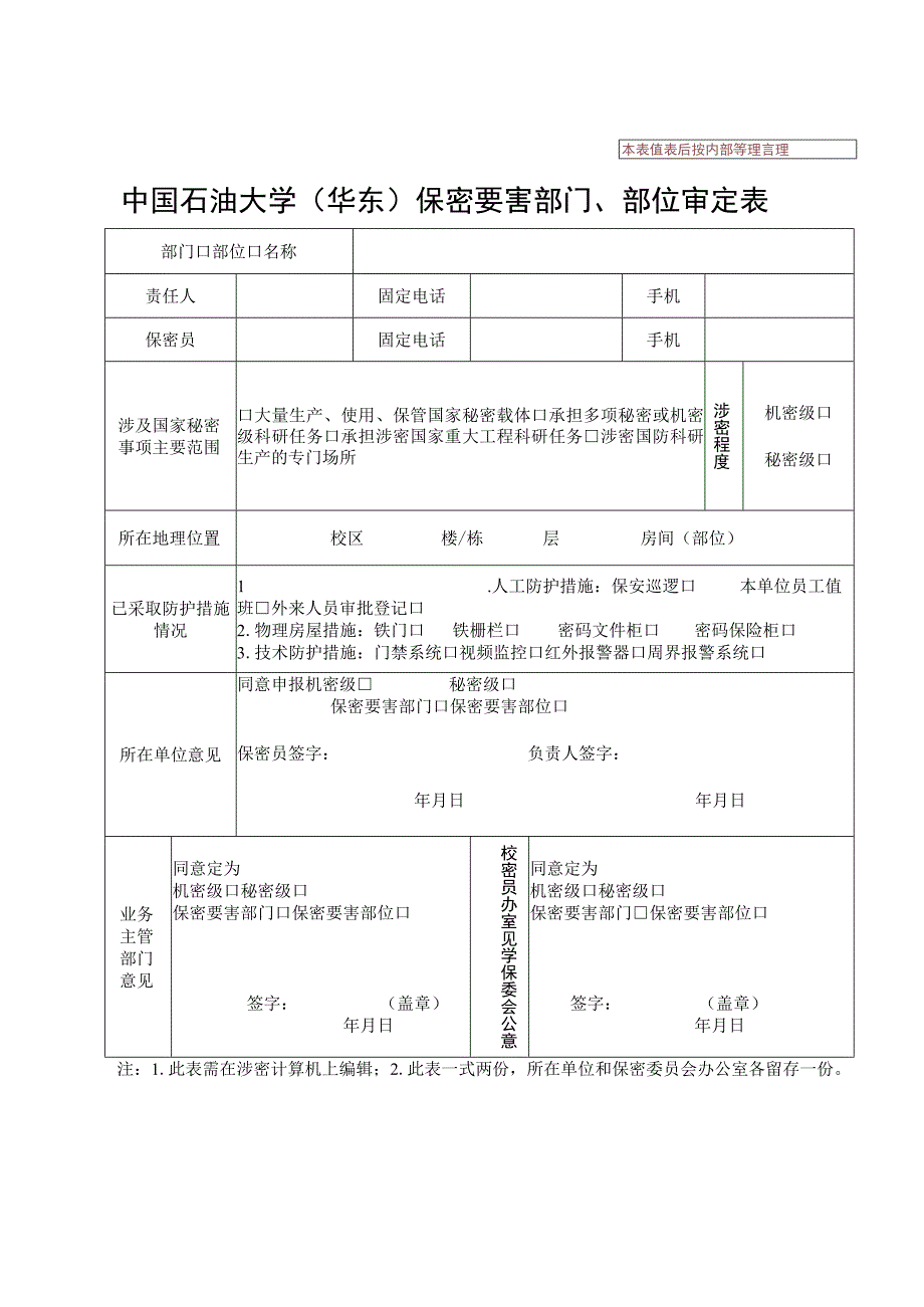 中国石油大学华东保密要害部门、部位审定表.docx_第1页