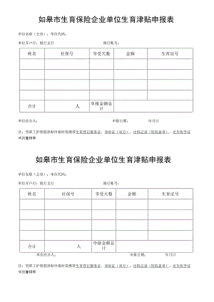 如皋市生育保险企业单位生育津贴申报表.docx