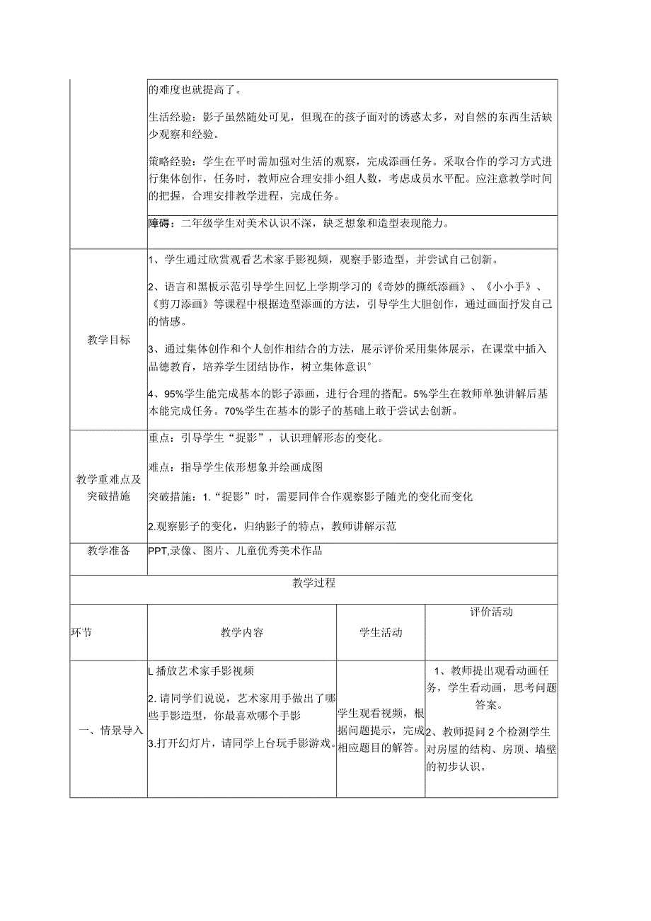 第17课影子大王（教案）湘美版美术二年级下册（表格式）教学设计.docx_第2页