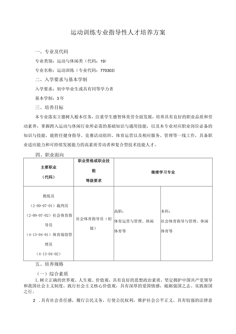 运动训练专业指导性人才培养方案.docx_第1页