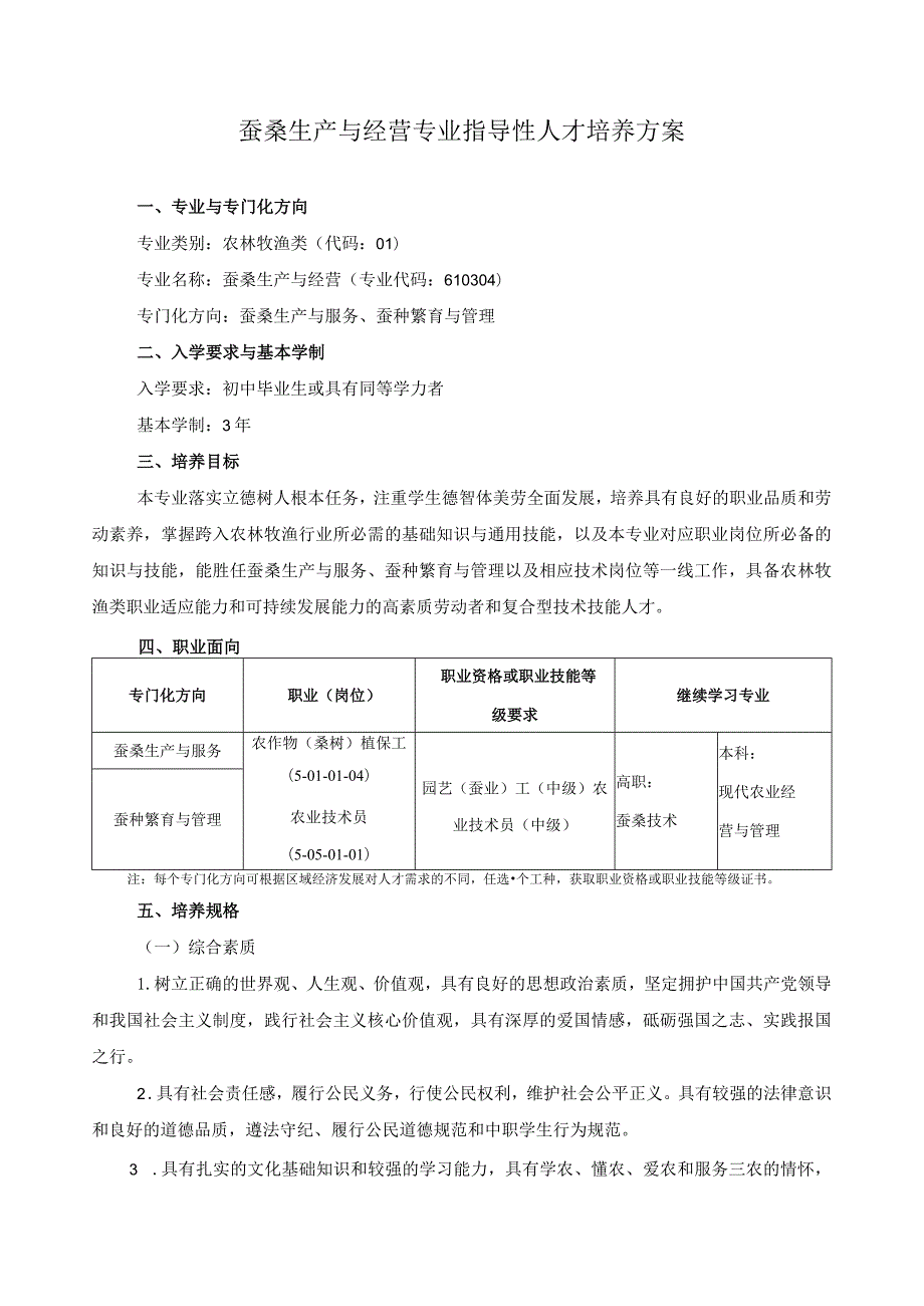 蚕桑生产与经营专业指导性人才培养方案.docx_第1页