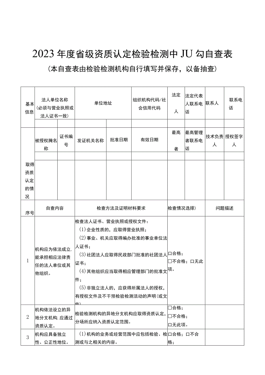 2023年度省级资质认定检验检测机构自查表.docx_第1页