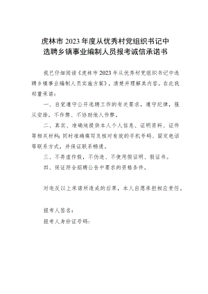 虎林市2023年度从优秀村党组织书记中选聘乡镇事业编制人员报考诚信承诺书.docx