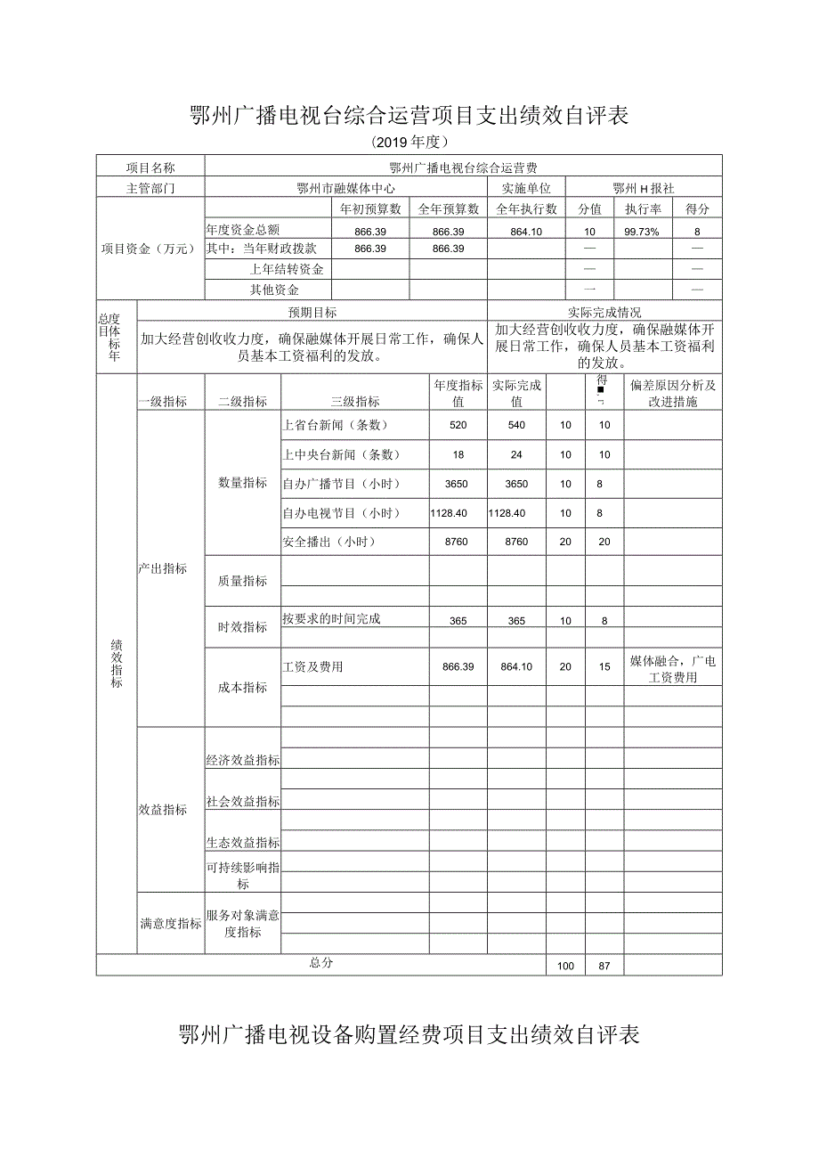 鄂州广播电视台综合运营项目支出绩效自评表.docx_第1页