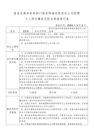 某县发展和改革部门粮食购销有限责任公司经理个人岗位廉政风险点排查登记表.docx