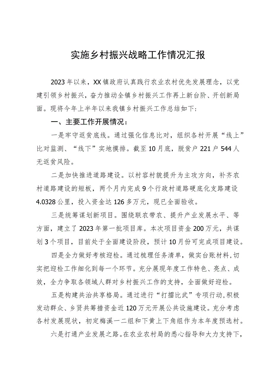 实施乡村振兴战略工作情况汇报.docx_第1页