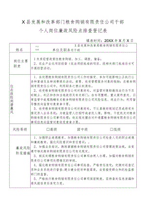 某县发展和改革部门粮食购销有限责任公司干部个人岗位廉政风险点排查登记表.docx