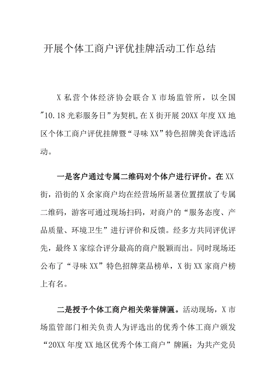 开展个体工商户评优挂牌活动工作总结.docx_第1页