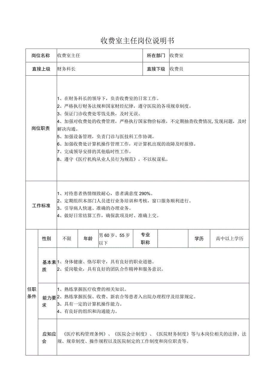 收费室主任岗位说明书.docx_第1页