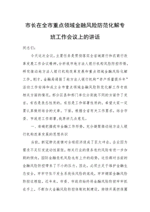 市长在全市重点领域金融风险防范化解专班工作会议上的讲话.docx