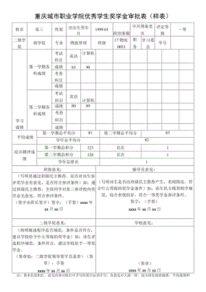 重庆城市职业学院优秀学生奖学金审批表样表.docx