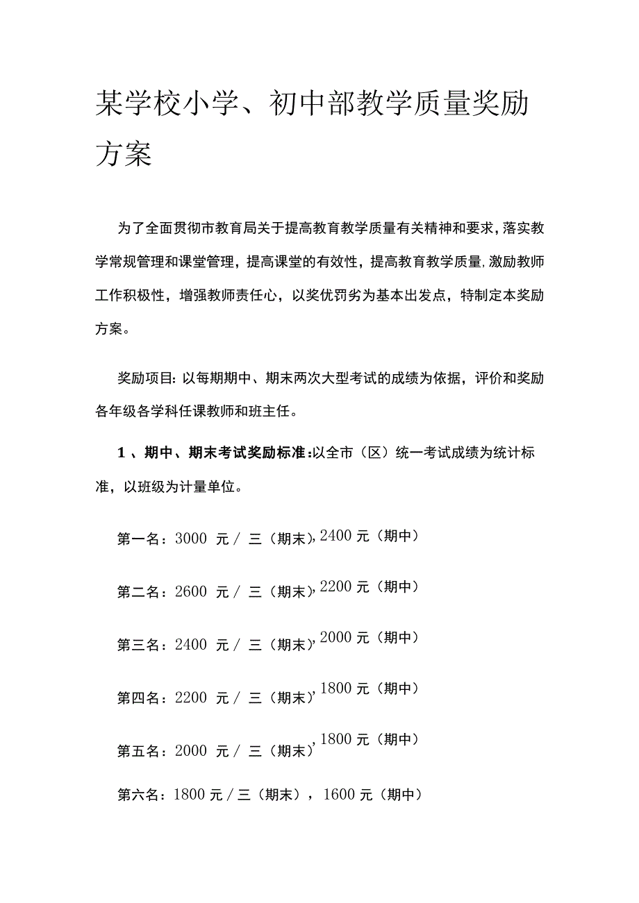 某学校小学、初中部教学质量奖励方案.docx_第1页