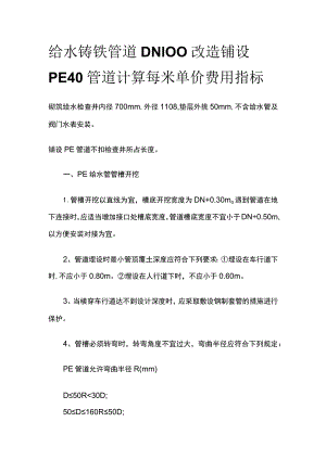 给水铸铁管道DN100改造 铺设PE40管道 计算每米单价费用指标.docx