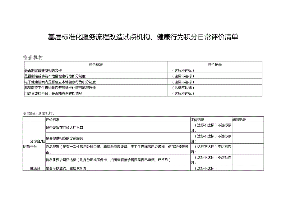 基层标准化服务流程改造试点机构、健康行为积分日常评价清单1-3-10.docx_第1页