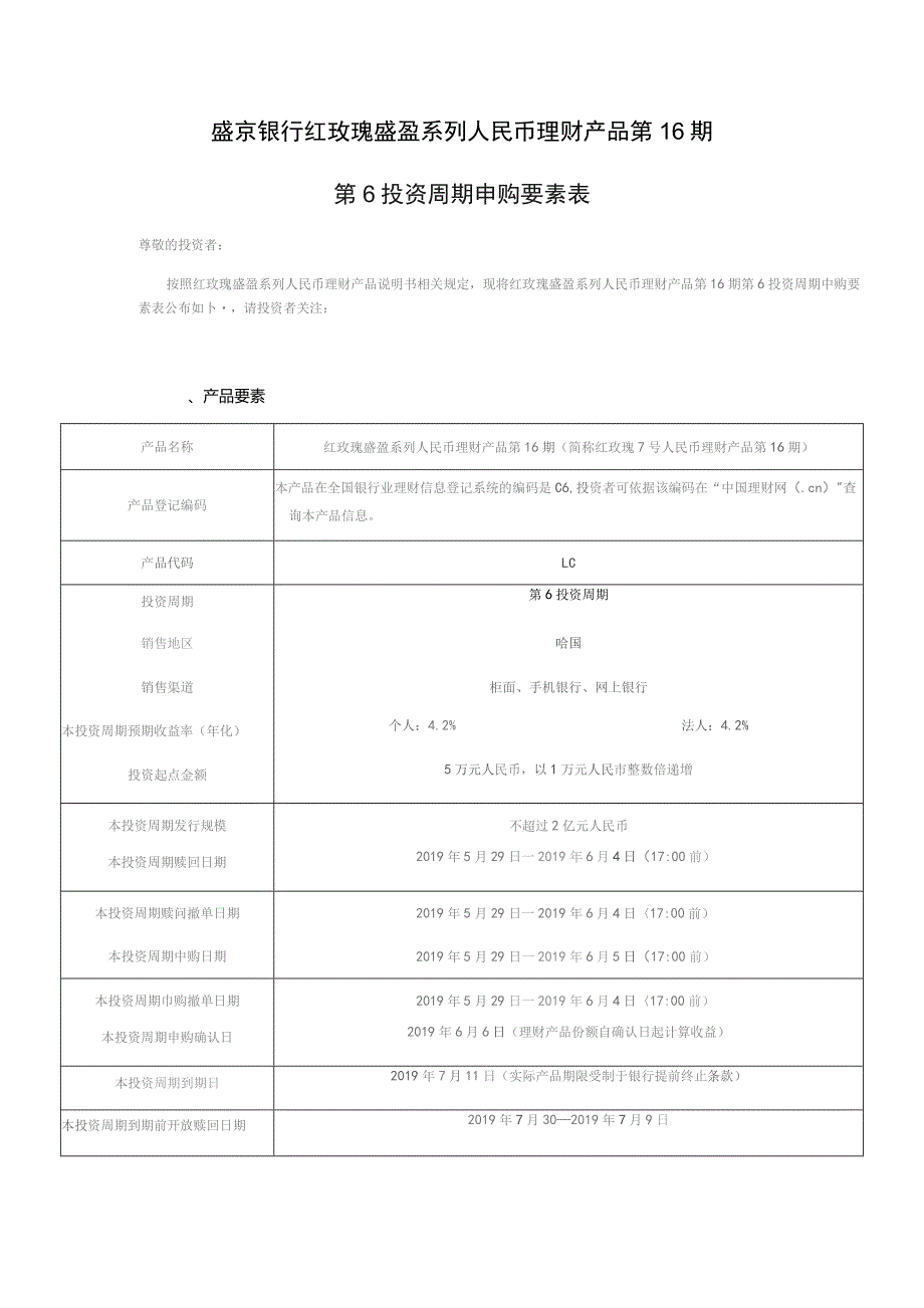 盛京银行红玫瑰盛盈系列人民币理财产品第16期第6投资周期申购要素表.docx_第1页