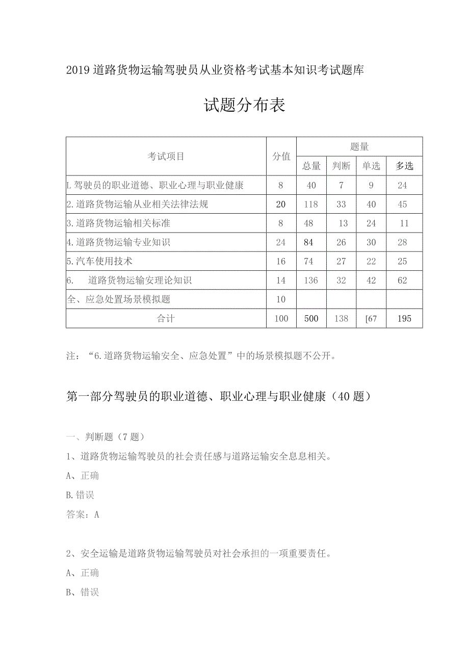 2019道路货物运输驾驶员从业资格考试基本知识考试题库.docx_第1页