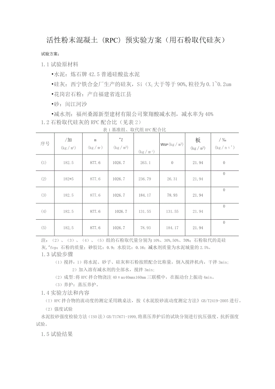 活性粉末混凝土（RPC）预实验方案（用石粉取代硅灰）.docx_第1页