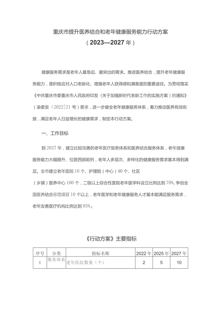 重庆市提升医养结合和老年健康服务能力行动方案（2023—2027年）.docx_第1页