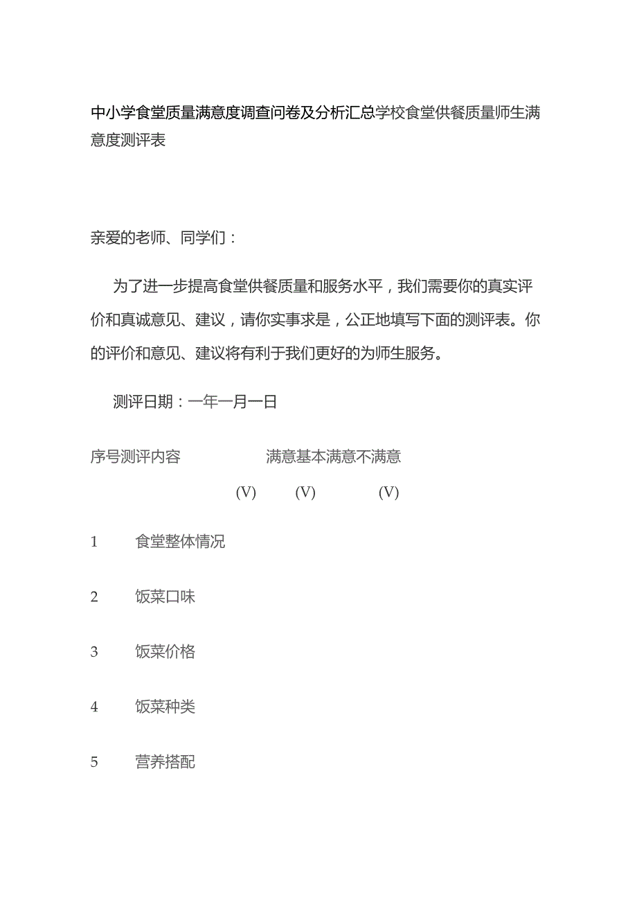 中小学食堂质量满意度调查问卷及分析汇总.docx_第1页