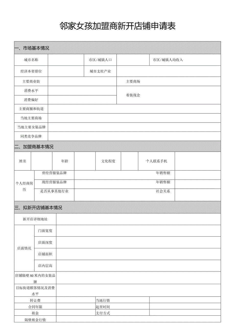 邻家女孩加盟商新开店铺申请表.docx_第1页