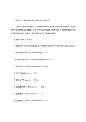 卫生部印发《高毒物品目录》控制职业病危害因素.docx